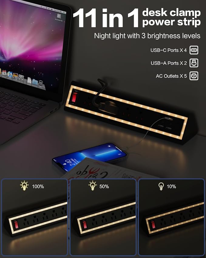 Desk Clamp Power Strip with Nightlight, 40W Fast Charging, 10FT Extension Cord, 4x20W USB-C & 2 USB Ports, 5 AC Outlets, Fits 1.69-Inch Table Edges
