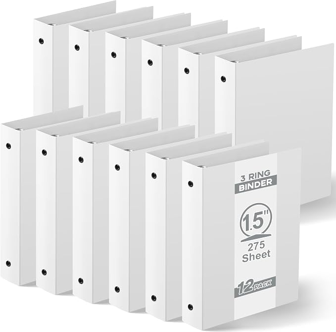 Henoyso 12 Pcs 1.5 Inch Mini 3 Ring Binders Fits 5.5" x 8.5" Paper, Holds(Capacity 350 Sheets), Plastic Flexible Three Round Rings Small White A5 Binders Bulk for School, Office Use, Photo Album