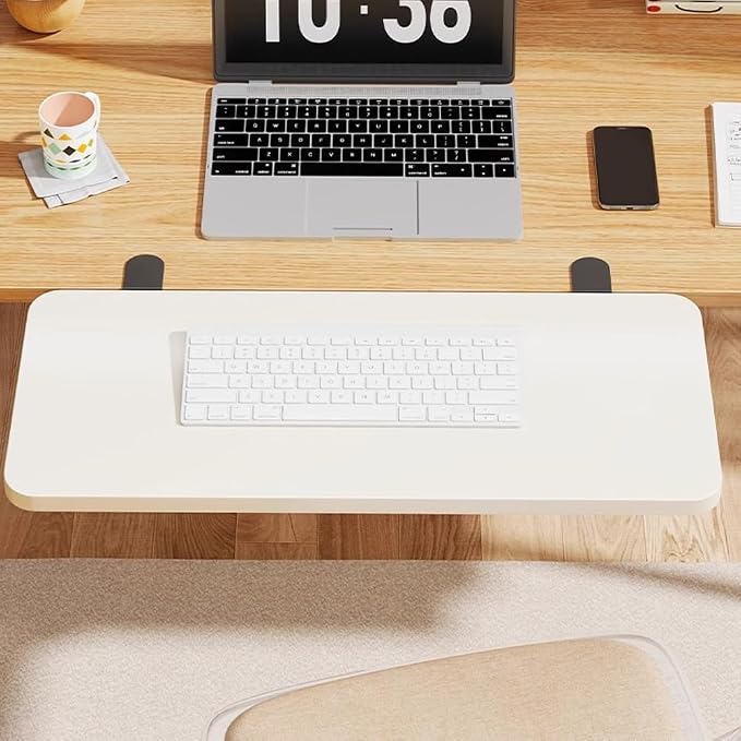 Desk Extender Tray, Punch-Free Clamp on 90° Foldable Keyboard Drawer Tray, Table Mount Armrest Shelf, Computer Elbow Arm Support (Brown, 6.9"*9.8"*0.5"/17.5cm*25cm*1.2cm)