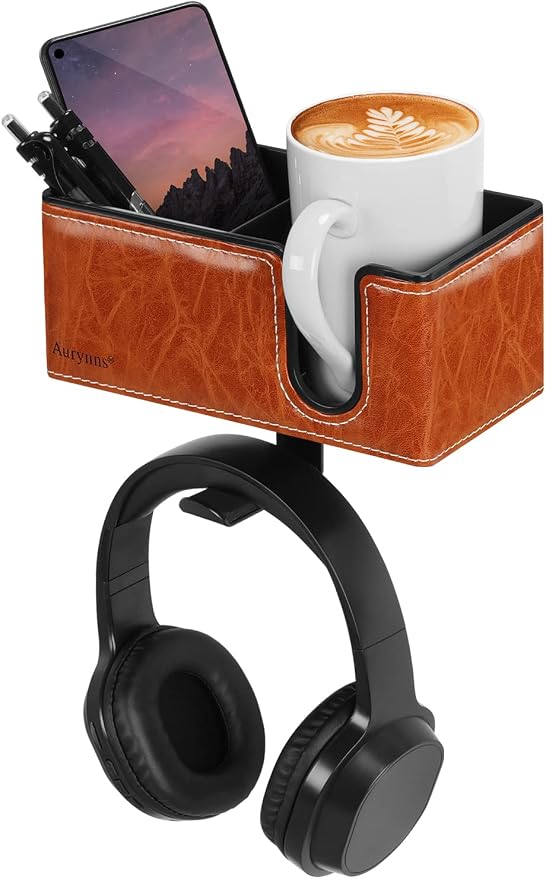 Under Desk Cup Holder Clamp on Cup Holder PU Leather Clip on Desk Organizer | Desk organizer with pencil holder clamp on side, under desk hanging organizer, clip on cup holder desk phone stand holder PU