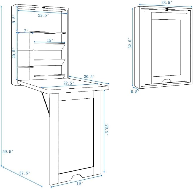 LDAILY LUARANE Wall Mounted Table, Foldable Multiple-Purpose Desk, Fold Out Wood Convertible Writing Desk Bookshelf Cabinet, Large Storage Space, Ideal for Home Office Study (White)