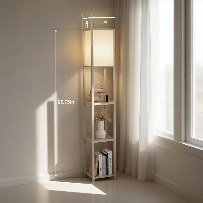 Floor Lamp with Shelves, Modern Square Standing Lamp with Glass Shelves, Corner Display Shelf with Light, Tall Lamp with Shelves for Living Room, Bedroom, Office, Bookshelf