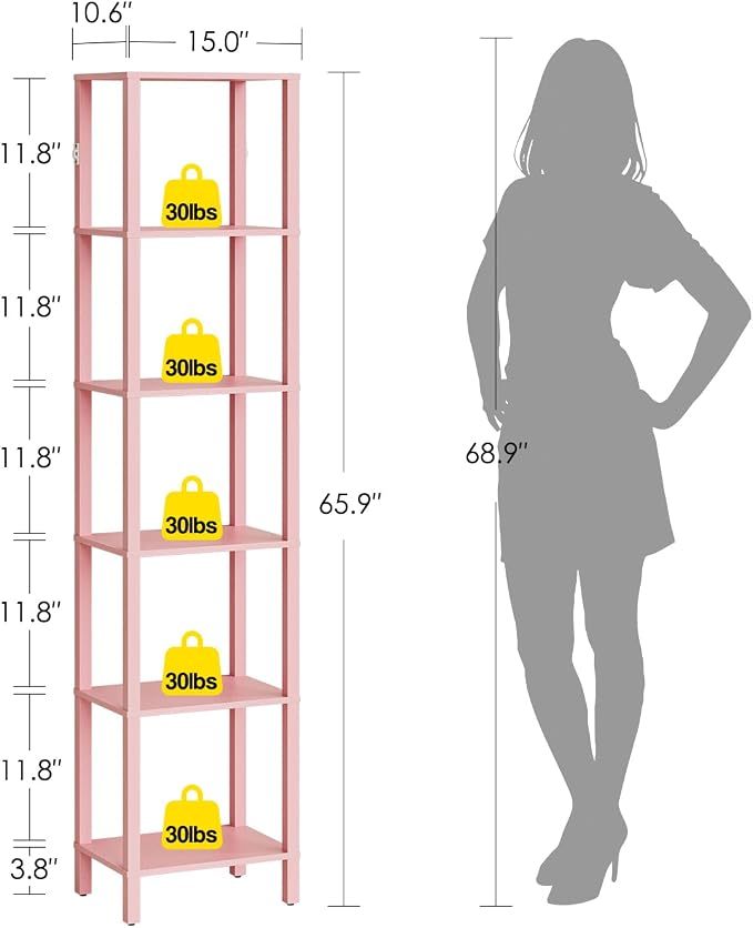 Open Book Shelf, 6 Tier Tall Bookshelf, Freestanding Shelf Narrow Bookcase with Open Shelves, 14.57" x 10.63" x 65.83", Book Shelves for Living Room, Office, Study, Pink
