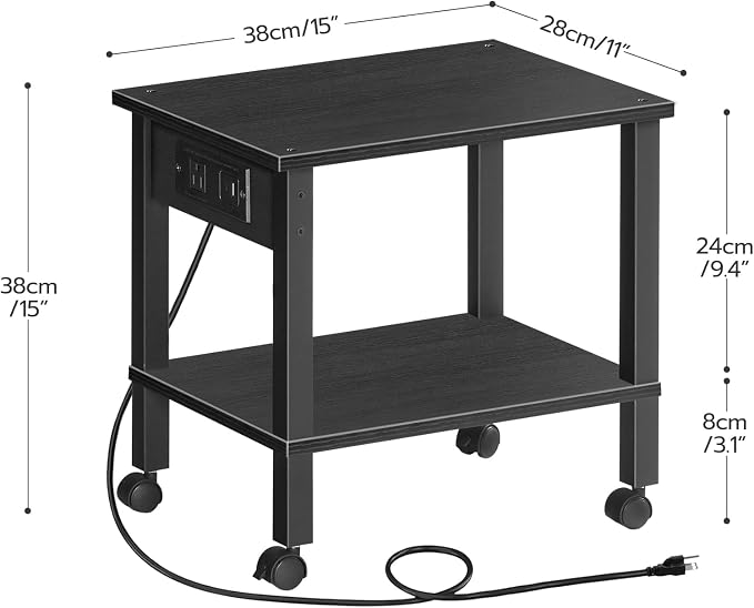 HOOBRO 2-Tier Printer Stand with Charging Station, Under Desk Printer Table, Printer Cart with Storage Shelves, Shelf for Small Spaces, for Home Office, Black BK38UPS01