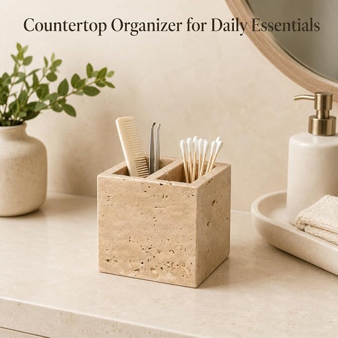 Natural Travertine Pen Holder, 2-Compartment Desk & Makeup Brush Organizer | Pen Holder for Pens, Scissors and Office Desk Decor, 3.94 x 3.94 x 3.94 in
