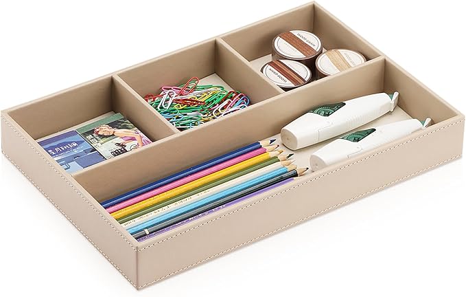 4-Slot Leather Drawer Tray Desk Stationery Sundries Organizer Storage Box Pen Pencil Holder Case Container (Dark Beige)