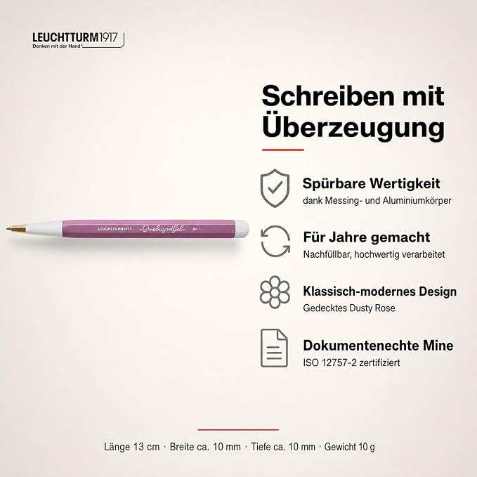 LEUCHTTURM1917 372213 Twist Pen No. 1, Brass, Aluminum, Blue Ink Ballpoint Pen, Design Award-Winning, Dusty Rose
