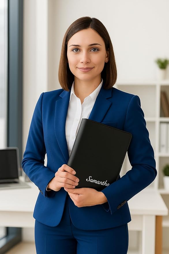 Leather Portfolio Binder for Business use, Document Organizer with Smart Storage, Calculator, Writing pad, – padfolio All in one, Professional Binder Portfolio for Women and Men with Name