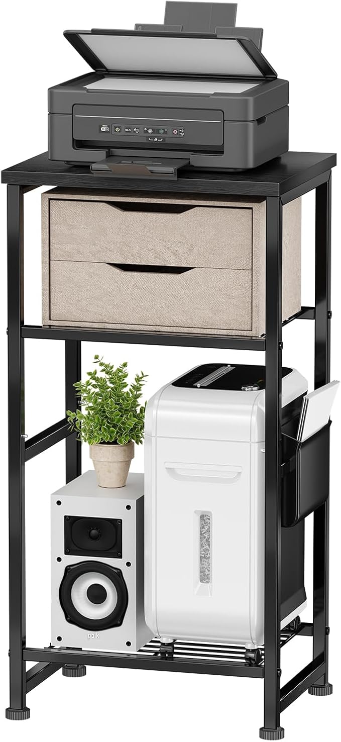 Industrial 3 Tier Printer Stand, Home Printer Wood Table with Wire Storage Shelf for Scanner Fax Machine, Heavy Duty Metal, Black with Burly Wood Board