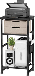 Industrial 3 Tier Printer Stand, Home Printer Wood Table with Wire Storage Shelf for Scanner Fax Machine, Heavy Duty Metal, Black with Burly Wood Board