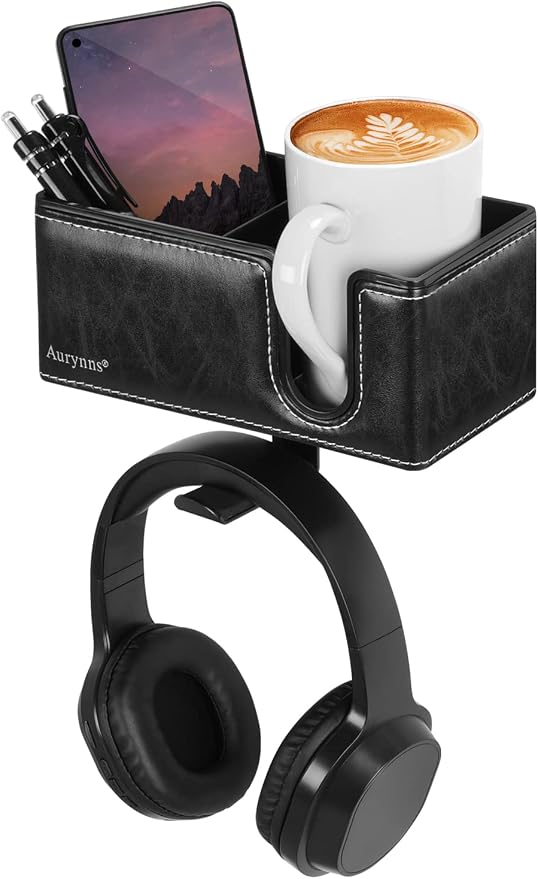 Under Desk Cup Holder Clamp on Cup Holder PU Leather Clip on Desk Organizer | Desk organizer with pencil holder clamp on side, under desk hanging organizer, clip on cup holder desk phone stand holder PU