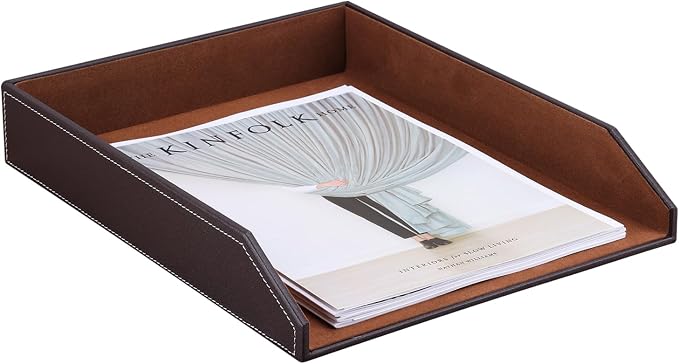Letter Tray, PU Leather Paper Organizer Tray for Desk, Paper Organizer Storage Holder for Office Home or School A4 Size Brown
