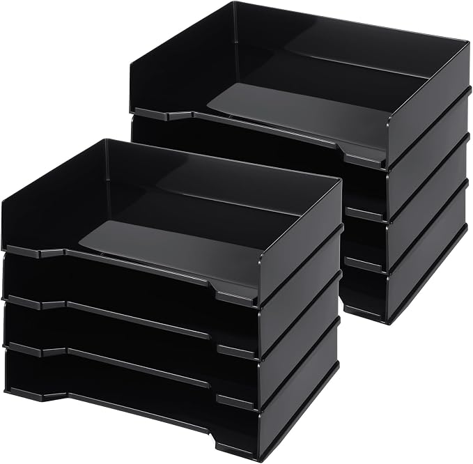 DoubleFill 8 Pcs Stackable Letter Tray Rectangular Plastic Desk Organizer 13 x 9.5 x 2.6 in Paper Holder File Tray Accessories Rack for Desktop Office Desk Drawers (Black)