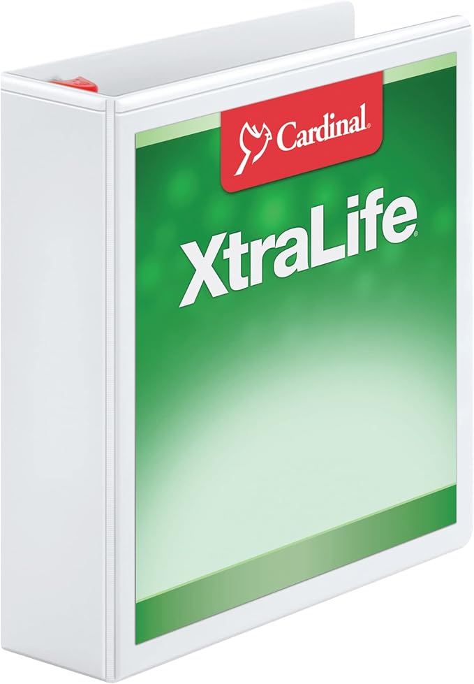Cardinal 3 Ring Binder, 2 Inch Heavy Duty XtraLife Binder, Locking Slant-D Rings, Crack-Resistant Cover & Spine, ClearVue Covers, Holds 540 Sheets, PVC-Free, White (26320)