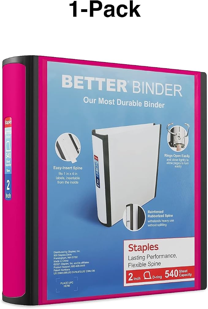 Staples Better Binder, 2-Inch D-Ring View, Pink, Holds 450 Sheets | Reinforced spine for durable everyday use in office and school settings.