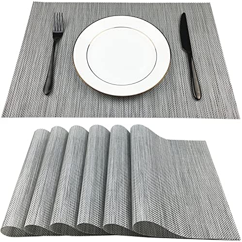 WAZAIGUR Placemats Crisscross Woven Vinyl Place Mats Set of 6 Silver&Black
