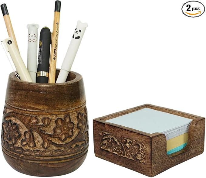Mie Creations Set of 2 Pen, Sticky Note Holder for Office Desk Organizer | Rustic Wooden Desktop Accessories, Handmade Floral Pencil Stand & Post it Note Dispenser, Aesthetic Stationery Decor