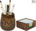Mie Creations Set of 2 Pen, Sticky Note Holder for Office Desk Organizer | Rustic Wooden Desktop Accessories, Handmade Floral Pencil Stand & Post it Note Dispenser, Aesthetic Stationery Decor