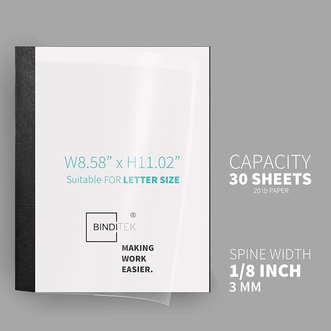 Binditek Thermal Binding Presentation Covers, 1/8 Inch Spine,Black,10 Pack | Thermal Binding Covers, 30 Sheets Capacity, Ultra Clear Front, Black Paper Back Cover, Letter Size, for Students & Coworkers