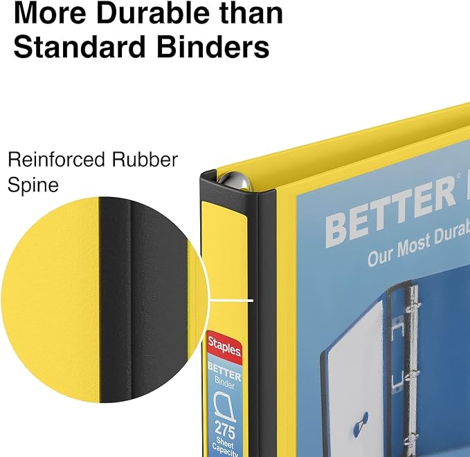 Staples Better View 1-Inch D-Ring Binder, Yellow, Clear Overlay | Durable 3-ring binder for school and office document organization.
