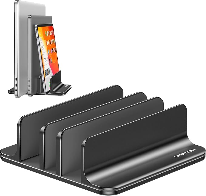 OMOTON 3-Slot Multiple Vertical Laptop Stand, Fits All MacBook, Black | Adjustable Width 0-1.38", Aluminum Office Space-Saving for Desk, Fits MacBook/Book/iPad Up to 17.3in