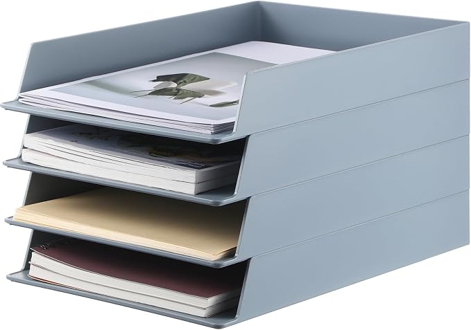 4 Pcs Stackable Paper Trays Rectangular Plastic Desk Holder Desktop Document File Organizer Storage Letter for Office Classroom (Gray)