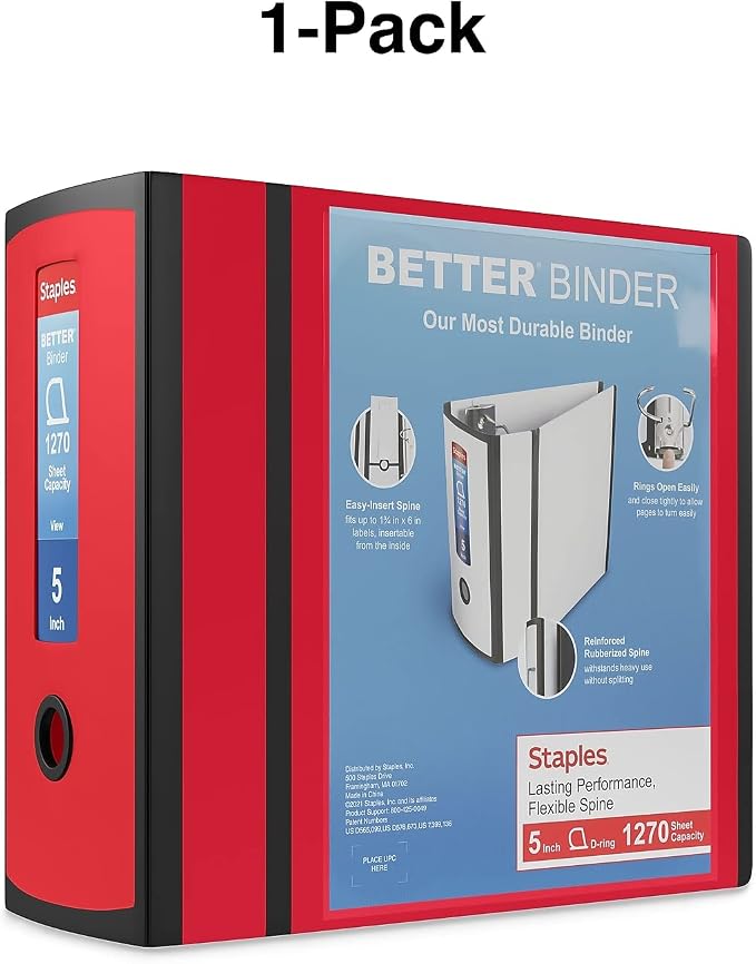 Staples Better 5-Inch D-Ring View Binder, Red, Reinforced Spine | Extra-large capacity binder for archiving everyday office documents.