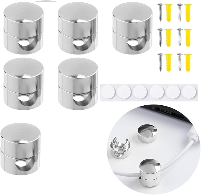 6 Sets Charger Cord Holder, Silver Metal Adhesive Cable Management Clips,Adjustable Cable Anchor Holders,Wire Organizer for Desk, Wall, Home, Office