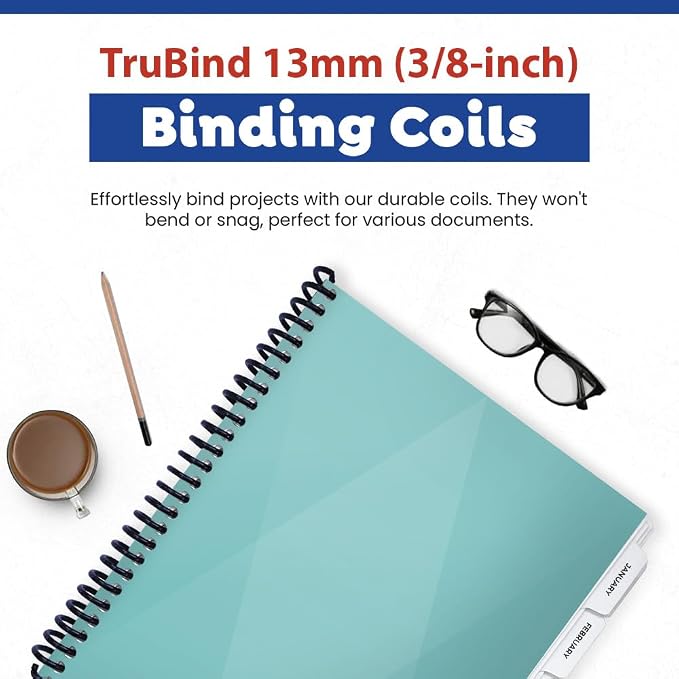 13mm (1/2 in.) Spiral Binding Coils for Reports, Presentations and Proposals | 4:1 Pitch | 12 in. Length | Navy | 105 Sheets Binding Capacity | 100 Pack