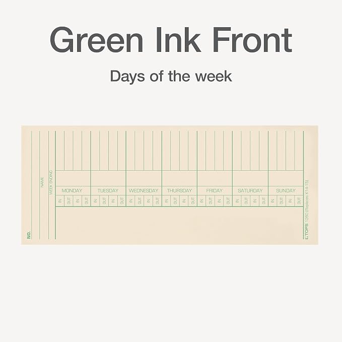 TOPS Time Cards, Weekly, 2-Sided, Named Days, 3-3/8" x 8-1/4", Manila, Green/Red Print, 500-Count (1260)