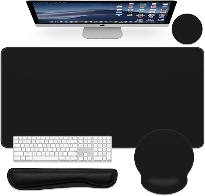 Dapesuom Large Gaming Mouse Pad, Black Mouse Pads with Wrist Rest Wrist Support, 4in1 Big XXL Desk Mat Desk Pad + Ergonomic Mousepad + Memory Foam Keyboard Mat Wrist Rest + Coaster Set for Computer