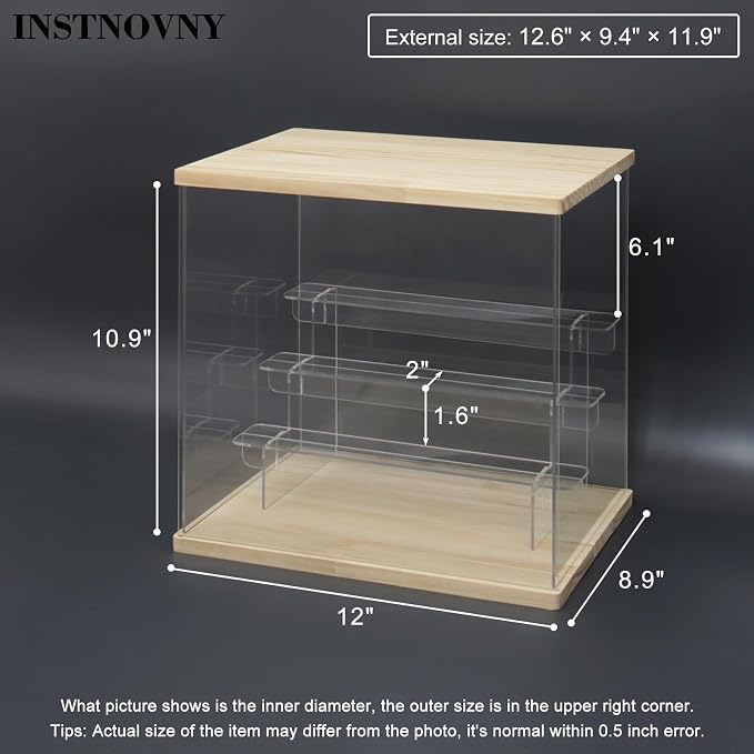 Clear Acrylic Display Case with Light 4 Tier Display Storage Box Assembly Dustproof Showcase for Collectibles Action Figures(Wood, 12.0*8.9*10.9inch)
