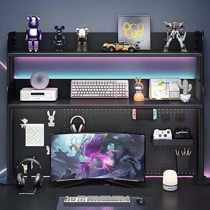 Clamp On Desk Pegboard Shelf - Metal Desktop Organizer Hutch with 2 Shelves | Storage and Display, Desk Add-On Shelf for Office, Dorm Room, Bedroom, Black, 23.6In