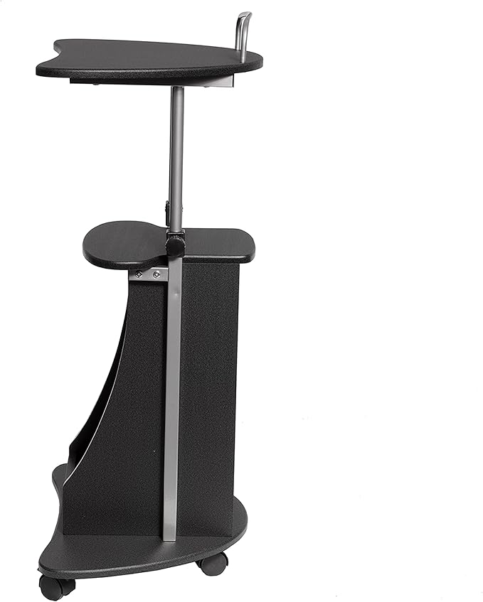 Techni Mobili Adjustable Height Rolling Laptop Cart with Storage, Graphite | Adjustable height rolling laptop cart with storage drawer, open shelf, wheels, sit‑stand design for office or medical use