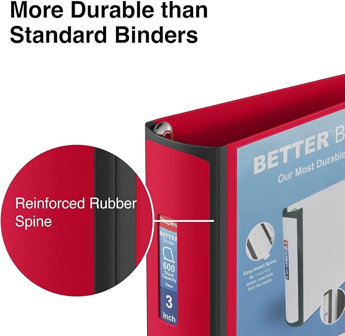 Staples Heavy-Duty 3-Inch D-Ring Binder, Red, Vinyl Cover, 600 Sheets | Large-capacity 3-ring binder for school and office document storage.