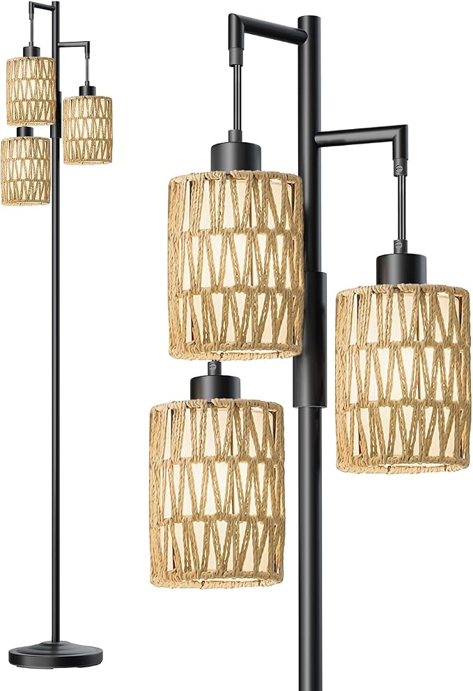 70" Floor Lamps for Living Room, Stepless Dimmable Boho Floor Lamp with 3 Bulbs, Tall Farmhouse Industrial Corner Standing Tree Lamp for Bedroom, Office, Study Room, Rattan with Linen Shade