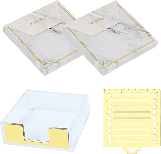 Buqoo Gold Acrylic Sticky Note Holder with Metal Stencil, 2* Sticky Notes | Post It Note Dispenser Sticky Note Pad Holder Organizer for to Do Lists, Grocery Lists
