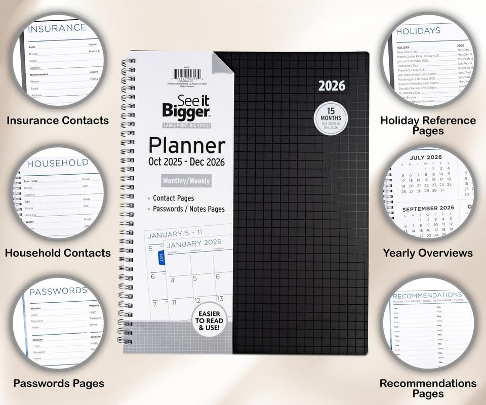 PlanAhead 2026 Planner - 11"x9.75" 15 Month Weekly & Monthly Academic Planner Notebook with Tabs - Black Grid Design - Spiral Calendar Agenda for School, Work & Office