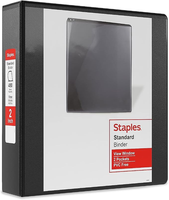 Staples Standard 2-Inch Round Ring View Binder, Black, 350 Sheets | Clear overlay for custom covers. Binder for school and office use.