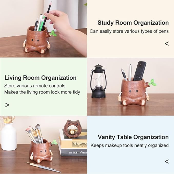 Stump Pen Holder – Cute Wooden Desk Organizer, Fairy Tale Tree Stump Pencil Cup for Stationery, Makeup Brushes, Dried Flowers, Solid Wood Desktop Decor Gift