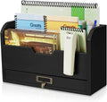 Flexzion Wood Desk Organizer, 3-Tier Mail Organizer w/Drawer, Light Brown | Countertop Bill and File Organizer with 3 Compartments, a Drawer, and 12-Inch Inner Width for A5 Paper and Us Letter Folders