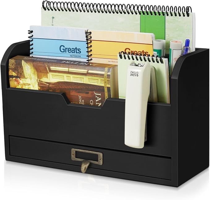 Flexzion Wood Desk Organizer, 3-Tier Mail Organizer w/Drawer, Light Brown | Countertop Bill and File Organizer with 3 Compartments, a Drawer, and 12-Inch Inner Width for A5 Paper and Us Letter Folders