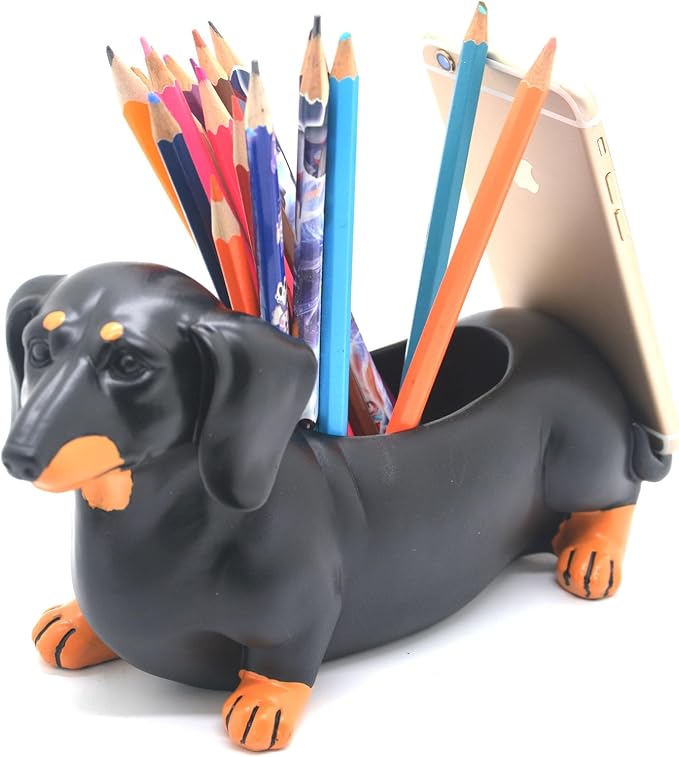 Dachshund Pen Pencil Holder with Phone Stand Black | Home Office Decor, Dachshund Gifts