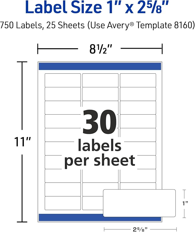 Avery Easy Peel Address Labels, Inkjet Printers, White, 1" x 2-5/8", Box of 750 Labels (08160)