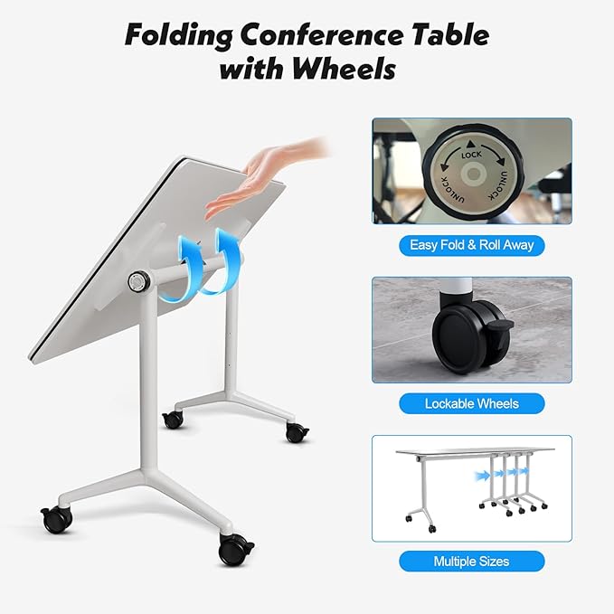 Goakwwuz Conference Room Table, Folding Conference Tables,Thicken Grey Tabletop,Flip Top Wooden Seminar Meeting Room Table for Conference Room Offices (8, White, 61.0“)