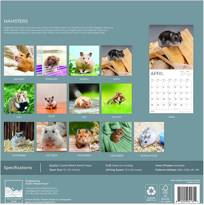 Hamsters 2027 Wall Calendar, 12 x 24 Hanging Pacific Waters Press