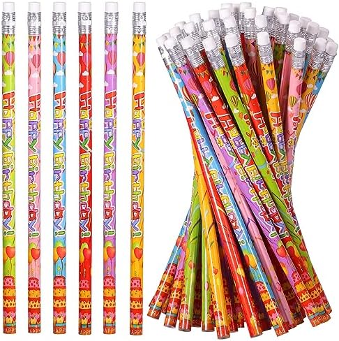Happy Birthday Pencils Wooden Pencil Birthday Party Pencil with Top Erasers Birthday Party Supplies Favors, 6 Style(48)