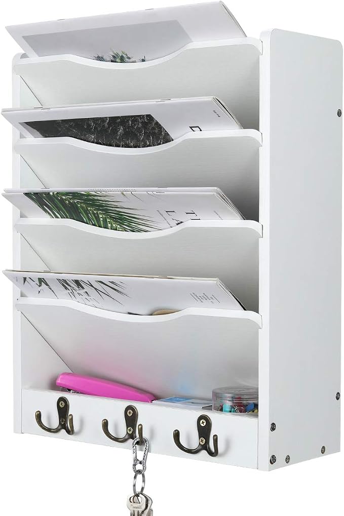 5-Tier Wall File Holder Hanging Mail Organizer Wood Magazine Literature Rack with 6 Hooks, White
