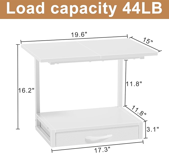 YAOHUOO 2-Tier Desktop Printer Stand with Fabric Drawer,19.6"x14.9" White | Printer Table with Storage Shelf,Desk Organizer for Home Office,Fit Printer,Fax Machine,Scanner,Space Saving for Two Monitors