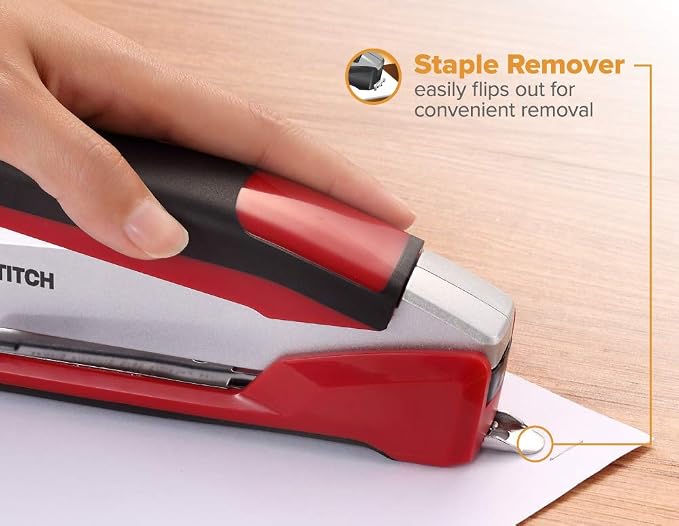 Bostitch Office InPower Spring-Powered Premium Desktop Stapler - One Finger, No Effort, Red/Silver (1117)